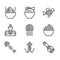 Set Jellyfish, Octopus, Soy sauce bottle, Caviar, Fish skeleton, Fisherman, Tropical and Shark fin soup icon. Vector