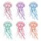 Set jellyfish, purple, blue, green, pink medusa. Deep sea toxic animal. Hand-drawn watercolor illustration isolated on