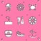 Set Jellyfish, Ship steering wheel, Crab, Periscope, Flippers for swimming, Wind rose, Captain hat and Cargo ship icon