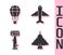 Set Jet fighter, Hot air balloon, Aircraft steering helm and Plane icon. Vector