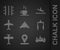 Set Jet fighter, Location, Airport luggage towing truck, Metal detector airport, Plane, landing and runway icon. Vector