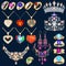 set of jewelry made of gold and silver with precious stones rings, earrings, necklaces, tiaras and pendants with