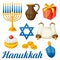 Set of Jewish Hanukkah celebration objects and icons