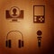 Set Joystick for arcade machine, Create account screen, Headphones and Portable video game console on wooden background