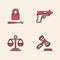 Set Judge gavel, Lock picks for lock picking, Pistol gun and Scales of justice icon. Vector