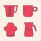 Set Jug glass with water, Measuring cup, Coffee cup and Chef hat icon. Vector