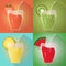 Set of Juice glasses kiwi, strawberry, pineapple, watermelon cocktails icon with slices. Realistic design. long shadow. Vector