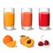 Set of juices in glass (orange, peach, cherry) isolated on white background.