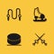 Set Jump rope, Fencing, Hockey puck and Skates icon with long shadow. Vector