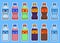 Set of kawaii bottle of soda and water. Flat design