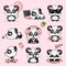 Set Kawaii Crazy Small Panda, Vector Illustration.