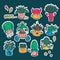 Set of kawaii cute Emoji flower pots stickers. Emotions of cartoon characters with a white outline.