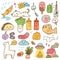 Set of kawaii doodle, food, animal, and other objects