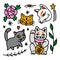 Set of kawaii Japanese cartoon stickers. Kitsune mask, maneki-neko lucky cat, little kittens, peony Japan flower and