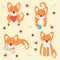 Set of Kawaii style Corgi, shiba inu dogs, sitting with heart, playing, eating bone, doodle vector