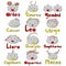 A set of kawaii style zodiac signs, funny gray rounds with a red or yellow nose and a symbolic hairstyle, yellow and red