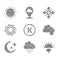 Set Kelvin, Cloud with rain, Sunset, Moon and stars, Tornado, Snowflake and icon. Vector