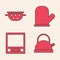 Set Kettle with handle, Kitchen colander, Oven glove and Electronic scales icon. Vector