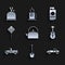 Set Kettle with handle, Shovel, Car, Guitar, Pickup truck, Parking, Passport ticket and Camping gas stove icon. Vector