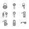 Set Key, Lock, Broken key, Digital door lock, House with, picks for picking and icon. Vector