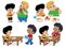 Set of Kid eating delicious food with friends.Vector