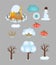 Set of kids cartoon winter icons isolated on gray background. Vector cliparts of bare and snow-covered trees and bushes, snowman,