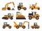 set of kids construction tools ,machines, white background , cement mixer, crane, tractor, caterpillar, bulldozer, created with ai