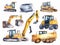 set of kids construction tools ,machines, white background , cement mixer, crane, tractor, caterpillar, bulldozer, created with ai