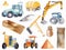 set of kids construction tools ,machines, white background , cement mixer, crane, tractor, caterpillar, bulldozer, created with ai