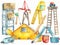 set of kids construction tools ,machines, white background , cement mixer, crane, tractor, caterpillar, bulldozer, created with ai