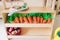 Set of kids dishes. Children`s toys. Children`s kitchen game. Kitchen utensils.