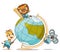 Set of kids kawaii tropical animals with globe