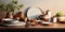 Set of kitchen ceramic tableware and wooden cutting boards on a table 2