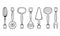 Set of kitchen and cook utensils. Hand linear black and white drawing, vector isolated.