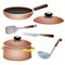 Set of kitchen dishes. Color images of pan, kettle, knife,  serving spoon and skillet on white background. Vector illustration