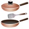 Set of kitchen dishes. Color images of skillet with cap and of open frying pan on white background. Vector illustration