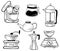 Set of Kitchen electronic tools. Line art. Mixer, scales, coffee grinder, geyser coffee maker, kettle, French press. Kitchen