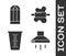 Set Kitchen extractor fan, Salt, Measuring cup and Rolling pin on dough icon. Vector