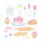 A set of kitchen items and sweets in a cartoon children\\\'s style