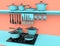 Set of kitchen utensil, stewpot, frying pan and chrome cookware hanging on shelf