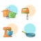 A set of kitchen utensils in a cartoon style. Kitchen tools and appliances for cooking. Labels, stickers, icons pan