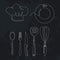 A set of kitchen utensils. Chef`s hat, plate, fork, knife, whisk.