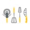 Set Of Kitchen Utensils And Different Knives Primitive Cartoon Icon, Part Of Pizza Cafe Series Of Clipart Illustrations
