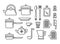 Set of kitchen utensils linear art icon. Collection of illustrations