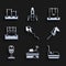 Set Kite, Sandbox with sand, Bumper car, Toy horse, Trash can, Gymnastic rings, Swing and Horizontal bar icon. Vector