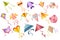 Set of Kites, Cartoon Kid Toys Vector Icons. Colorful Flying Fox, Cat and Fish, Heart, Rhombus or Pig Bright Winged Toys