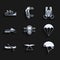 Set Knee pads, Hang glider, Helmet, Parachute, Rafting boat, Snowmobile, and Bicycle on street ramp icon. Vector