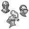 Set of knight helmets in engraving style. Design element for logo, label, emblem, sign.