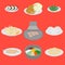 Set of korean food flat design elements. Asian street food menu. Traditional dish kimchi, dumplings, noodle and bibimbap
