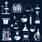 Set of laboratory equipment white icons. Chemical and physical science